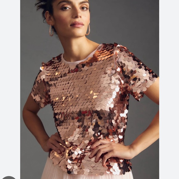 Eva Franco Tops - Eva Franco from Anthropologie Rosy pink sequin slightly t-shirt, size xxs, NWT